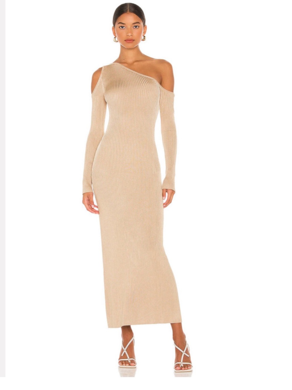 Nicholas One-Shoulder Long Sleeve Ribbed Knit Maxi Dress in Beige